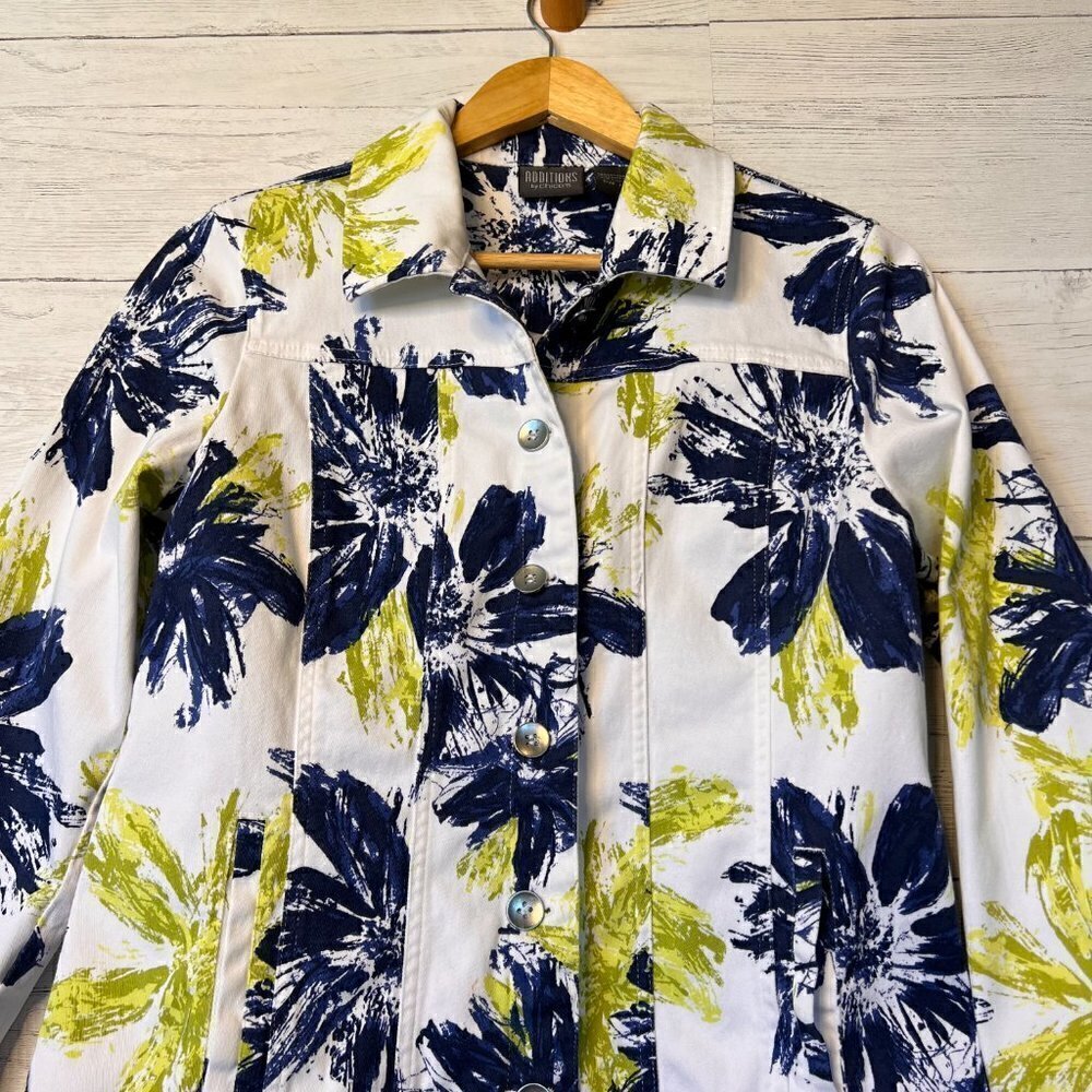 Addition by Chicos Jacket Womens Size 1 Blue and Green Floral White Denim - Picture 8 of 15